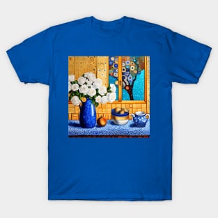 White Roses in a Blue Vase Modern Still Life Painting After Klimt T-Shirt